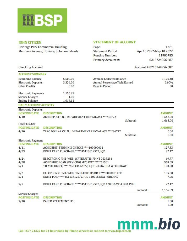 Szablon wyciągu bankowego ADB z Wysp Salomona w programie Word i PDF